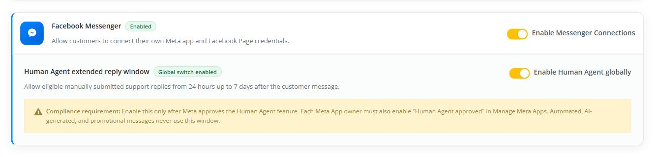 Real Artifism Messenger administrator switches and Human Agent compliance warning