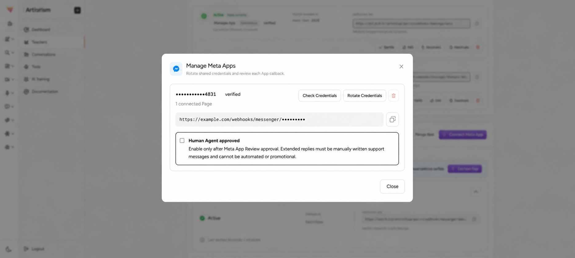 Manage a Messenger Meta app connection with masked identifiers