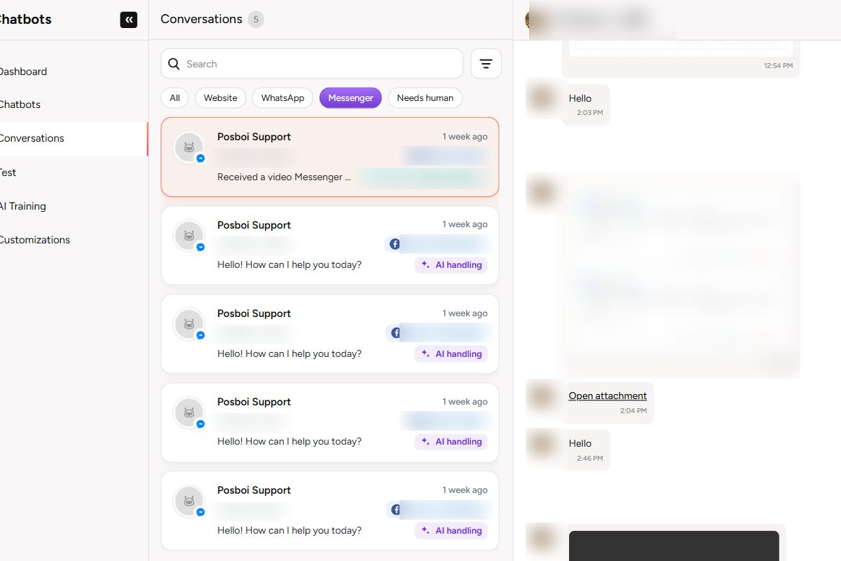 Real human-owned Messenger conversation with private content blurred