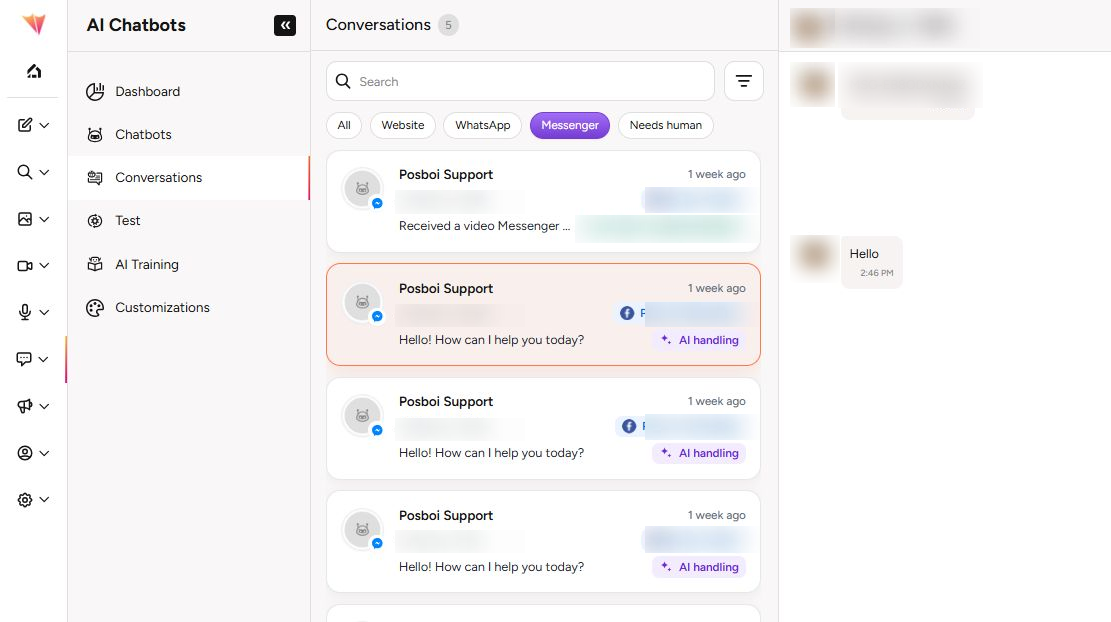 Real Messenger inbox with private customer and Page data blurred