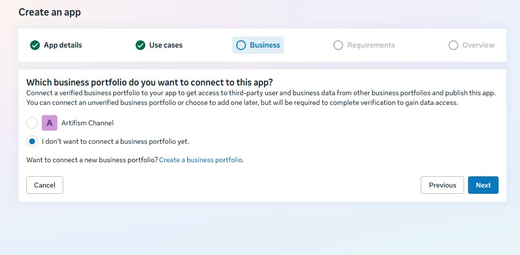 Live Meta Business Portfolio step with the business name blurred