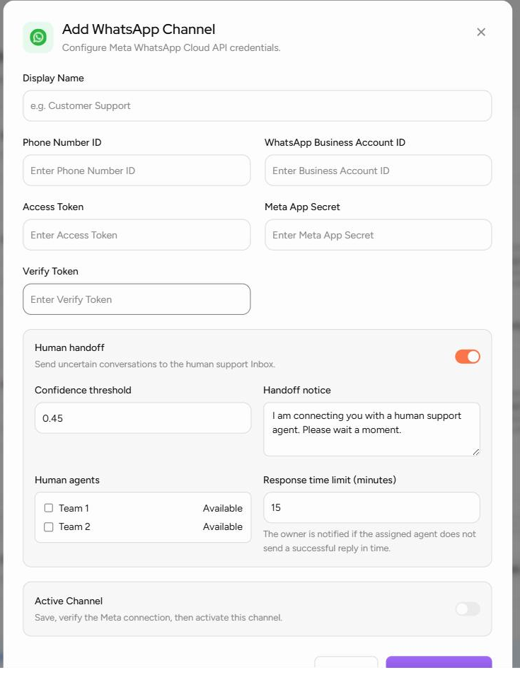Current Artifism manual WhatsApp Cloud API form