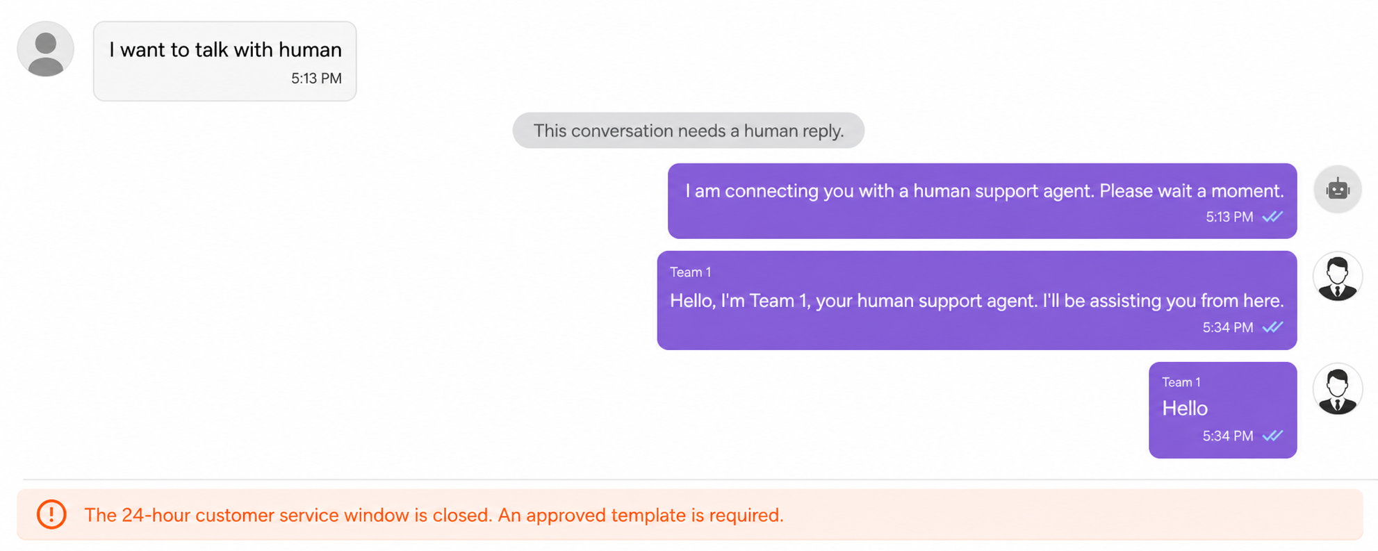 Example handoff thread and 24-hour-window warning