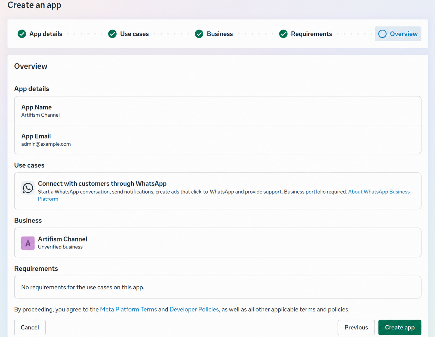 Review and create the Meta app
